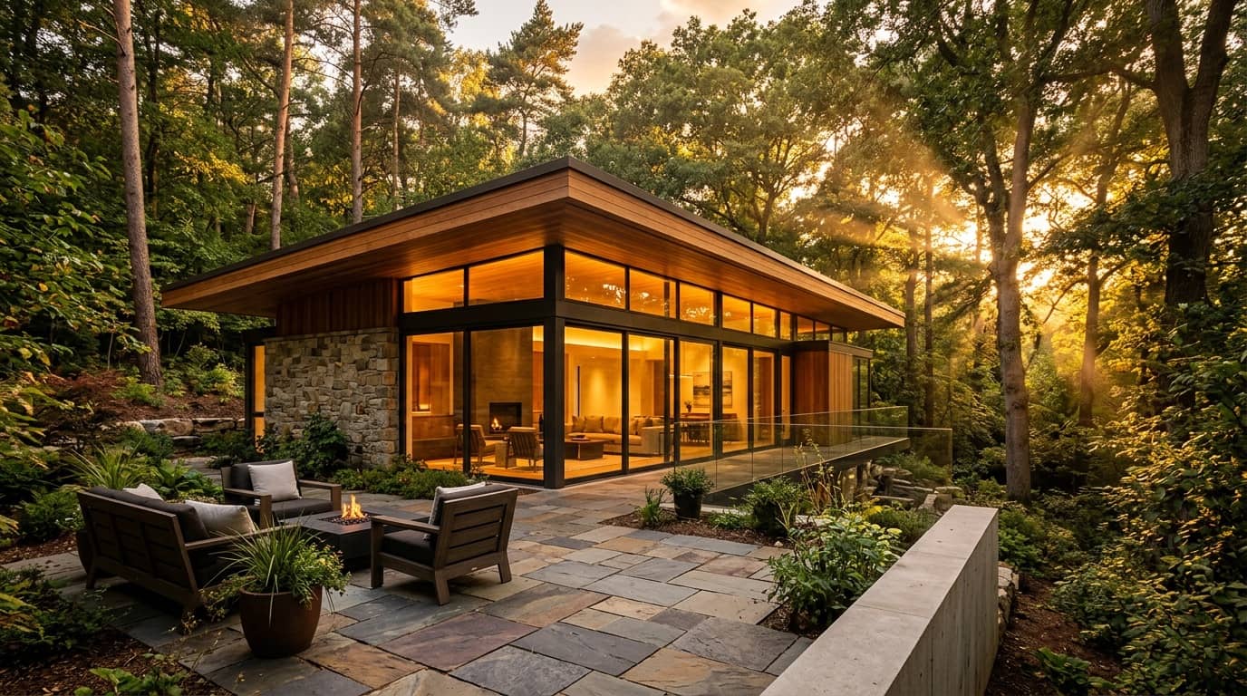 The finished photoreal render of a modern villa in a forest at sunset