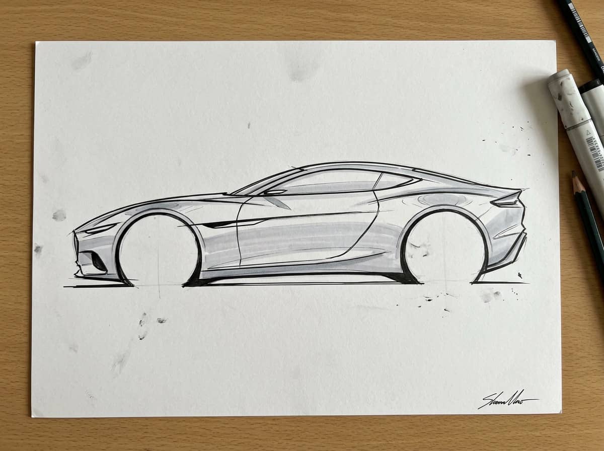 Hand-drawn design sketch of a concept car silhouette