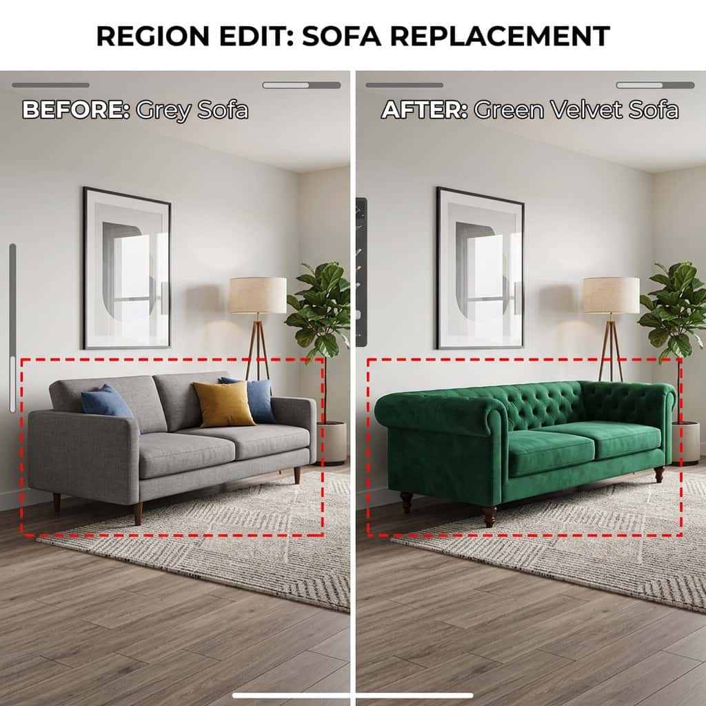 A marked area of a render being edited while the rest stays untouched