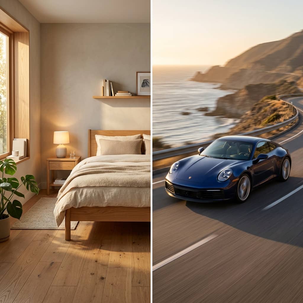 Two renders from two plain-language prompts: a warm Scandinavian bedroom and a golden-hour rolling shot of a sports coupe
