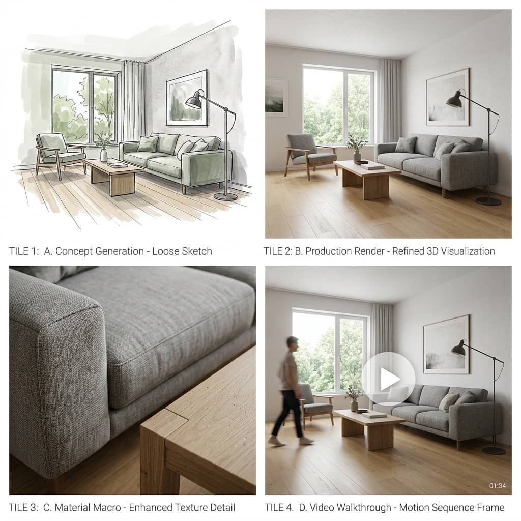 One design conversation producing a concept image, a refined render, a crisp upscale, and a walkthrough video frame