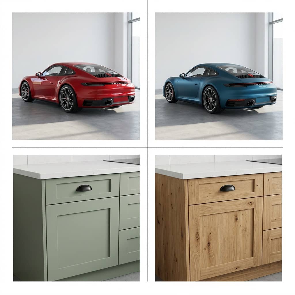 The same sports car in two wrap colors and the same cabinet in two finishes, each pair at an identical angle - only material and color change