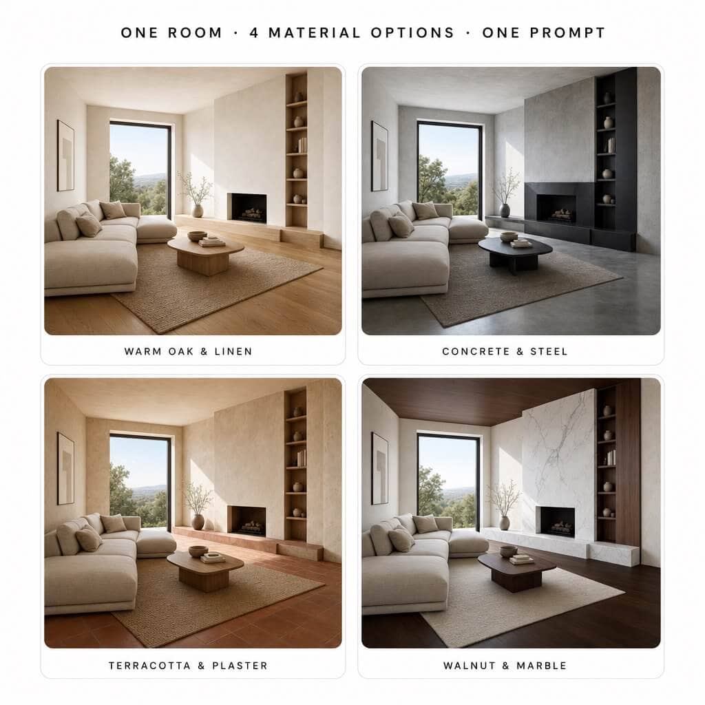 The same modern living room rendered in four different material palettes — oak and linen, concrete and steel, terracotta and plaster, walnut and marble