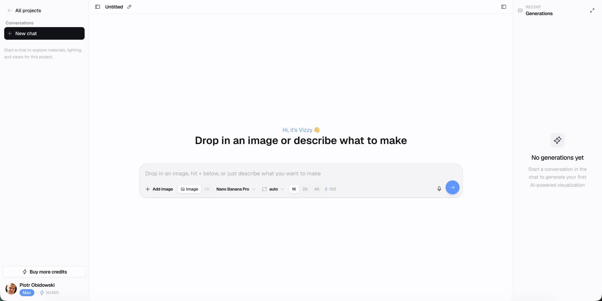 The Vizzy start screen: drop in an image or describe what to make, with the Image or Video composer below