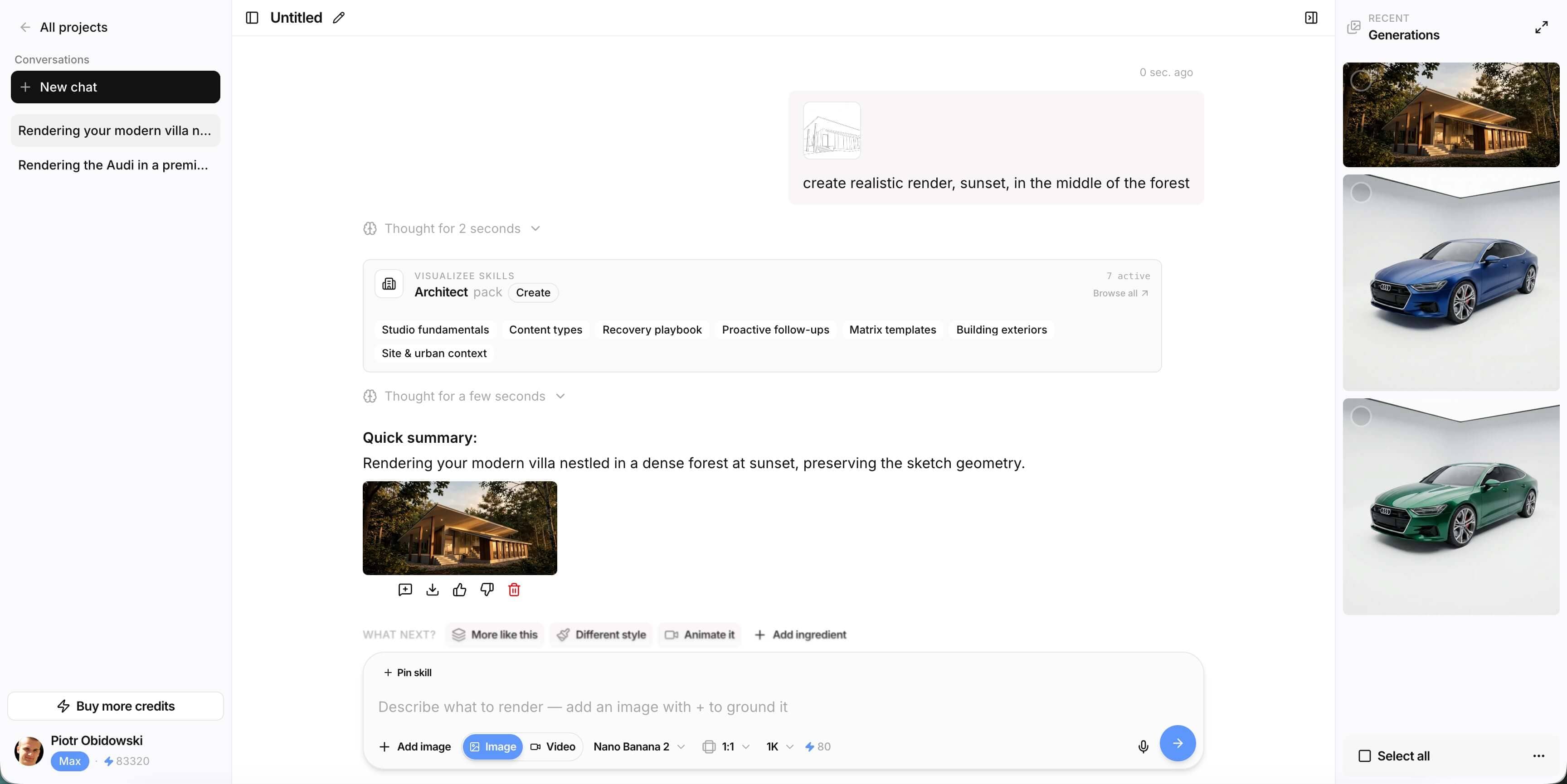 The Vizzy chat with a plain-language prompt typed in and the matching render coming back